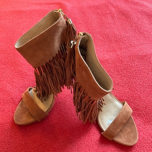 RACHEL ZOE Sz 9 Suede Bootie Sandals w/ Fringe Golden Accents Zipper  Tassels - Picture 1 of 10